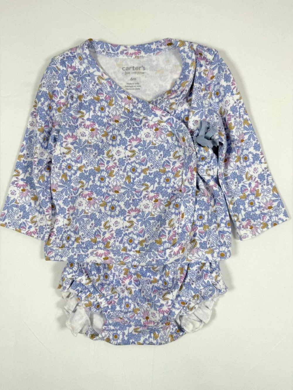 NWOT CARTER’S Floral Wrap Bodysuit Girl 6M Blue‎ Pink Flower Ruffle Long Sleeve